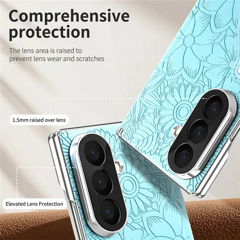 For Samsung Galaxy Z Fold8 Ultra Case Flower Leaf Embossed Dual-Axis Hinge Protection Leather Back Cover with Wrist Strap - Blue
