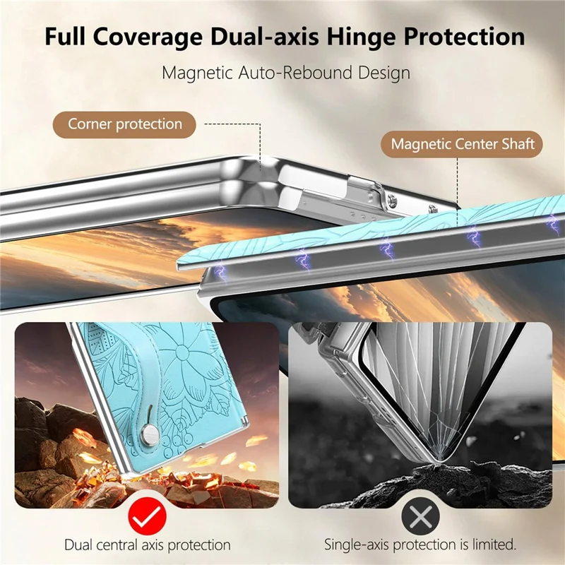 For Samsung Galaxy Z Fold8 Ultra Case Flower Leaf Embossed Dual-Axis Hinge Protection Leather Back Cover with Wrist Strap - Blue