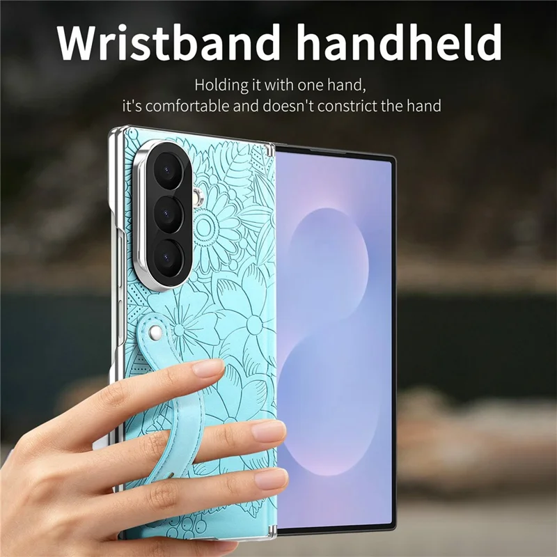 For Samsung Galaxy Z Fold8 Ultra Case Flower Leaf Embossed Dual-Axis Hinge Protection Leather Back Cover with Wrist Strap - Blue