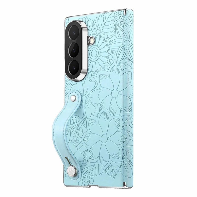 For Samsung Galaxy Z Fold8 Ultra Case Flower Leaf Embossed Dual-Axis Hinge Protection Leather Back Cover with Wrist Strap - Blue