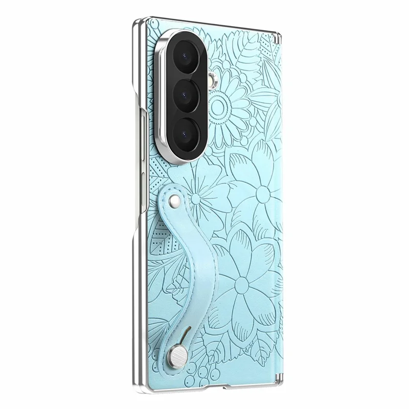 For Samsung Galaxy Z Fold8 Ultra Case Flower Leaf Embossed Dual-Axis Hinge Protection Leather Back Cover with Wrist Strap - Blue