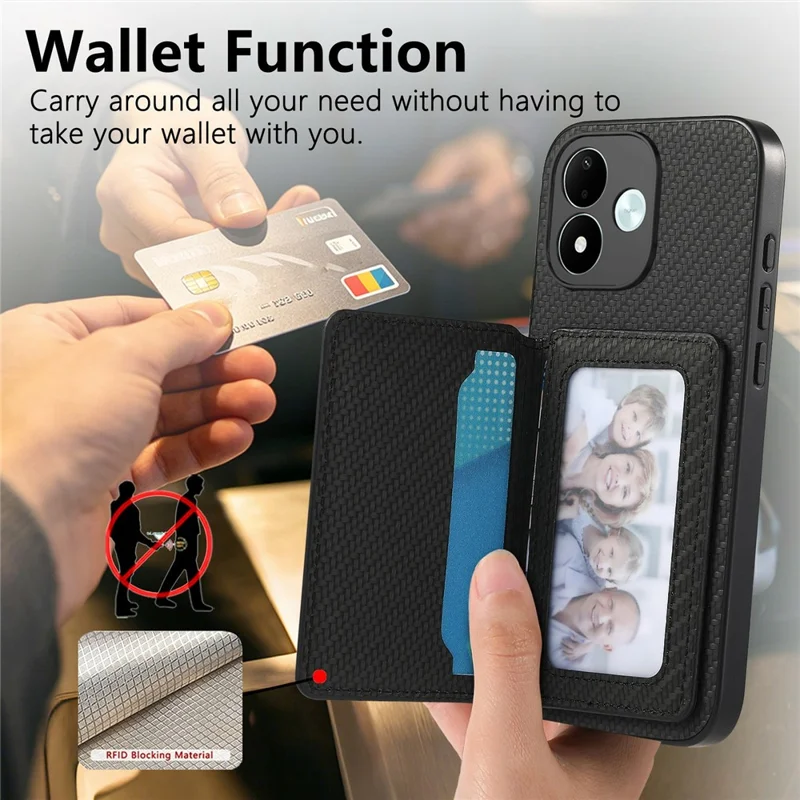 For Xiaomi Redmi Note 17 4G (Global) / Note 17 5G (Global) / Note 17 (India / China) 5G Case RFID Blocking Carbon Fiber Leather Phone Back Cover with Card Holder - Black
