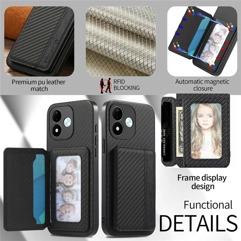 For Xiaomi Redmi Note 17 4G (Global) / Note 17 5G (Global) / Note 17 (India / China) 5G Case RFID Blocking Carbon Fiber Leather Phone Back Cover with Card Holder - Black