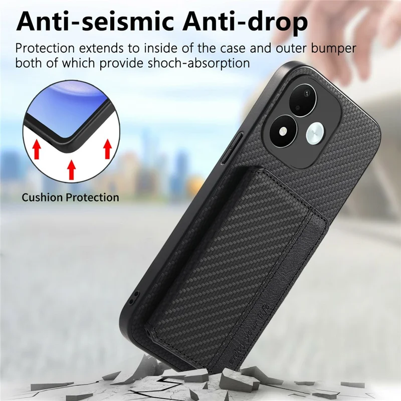 For Xiaomi Redmi Note 17 4G (Global) / Note 17 5G (Global) / Note 17 (India / China) 5G Case RFID Blocking Carbon Fiber Leather Phone Back Cover with Card Holder - Black