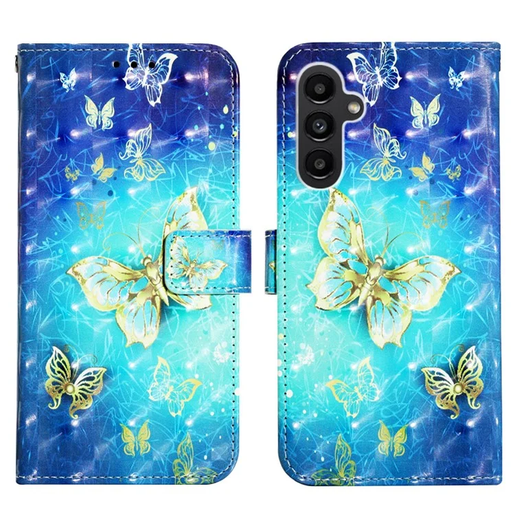 For Samsung Galaxy A14 5G / A14 4G Leather Case 3D Pattern Printing Wallet Stand Mobile Cover with Strap - Golden Butterflies