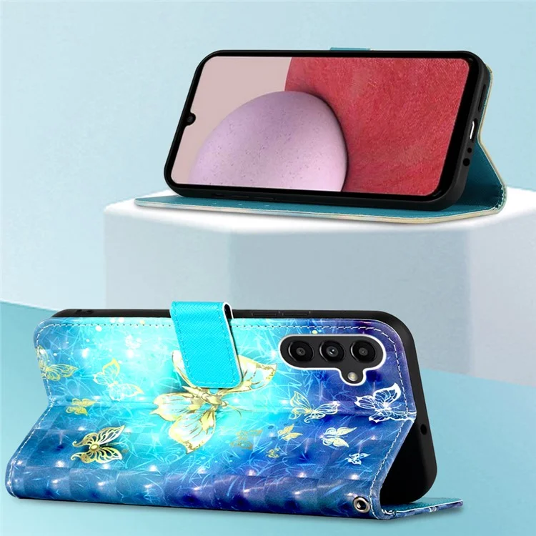 For Samsung Galaxy A14 5G / A14 4G Leather Case 3D Pattern Printing Wallet Stand Mobile Cover with Strap - Golden Butterflies