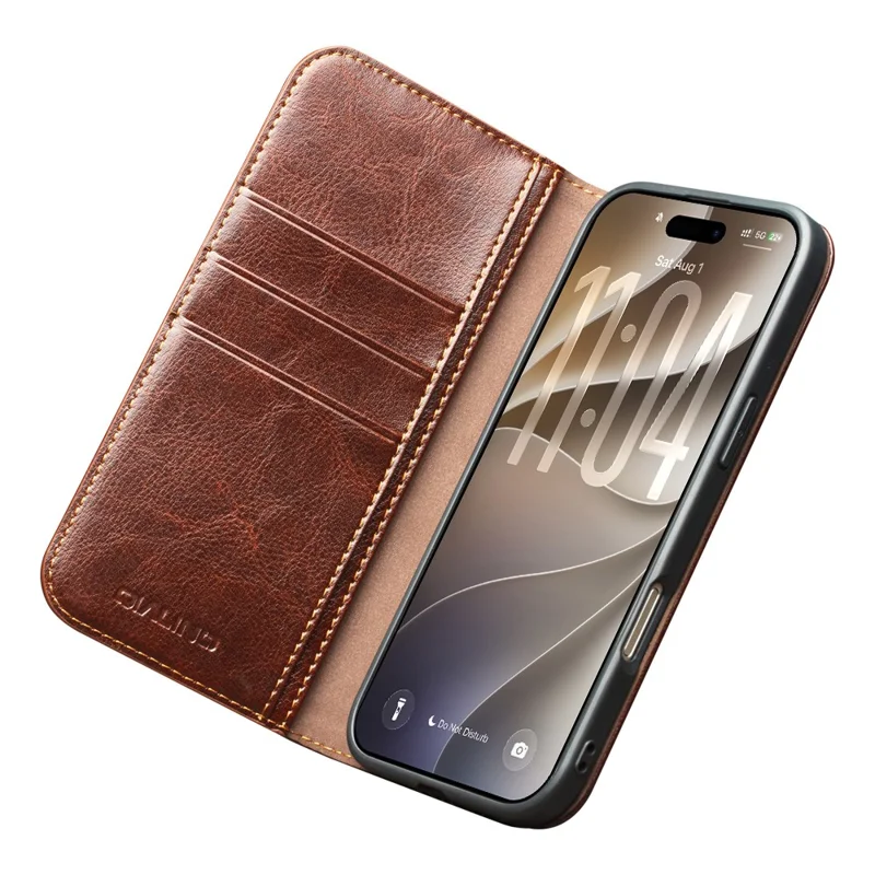 QIALINO for iPhone 18 Pro Max / 17 Pro Max Wallet Case Genuine Cow Leather Phone Cover Card Holder Stand - Brown