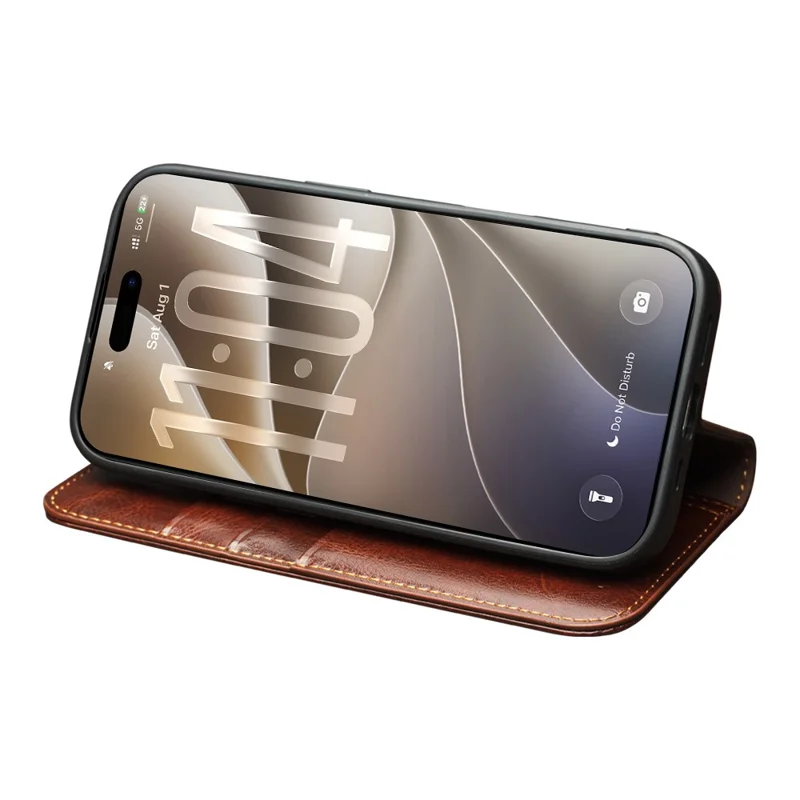 QIALINO for iPhone 18 Pro Max / 17 Pro Max Wallet Case Genuine Cow Leather Phone Cover Card Holder Stand - Brown