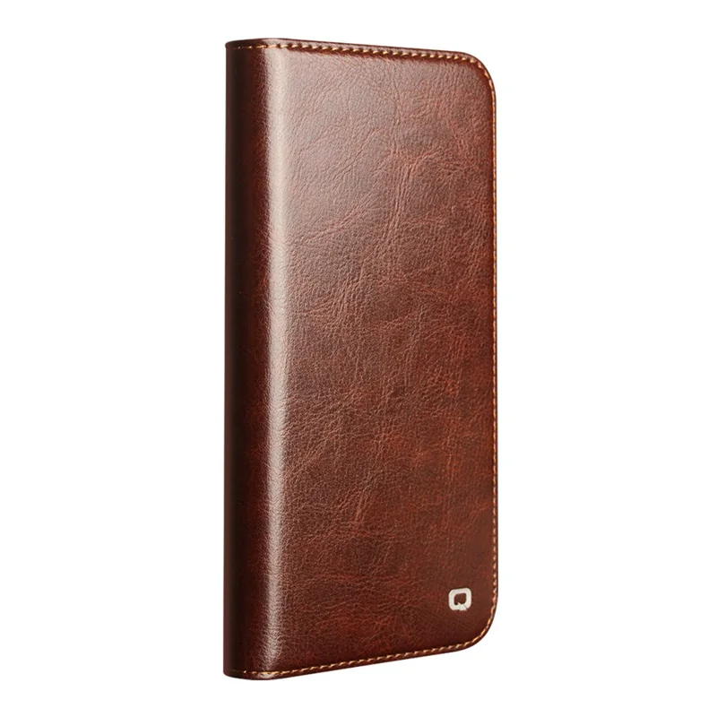 QIALINO for iPhone 18 Pro Max / 17 Pro Max Wallet Case Genuine Cow Leather Phone Cover Card Holder Stand - Brown