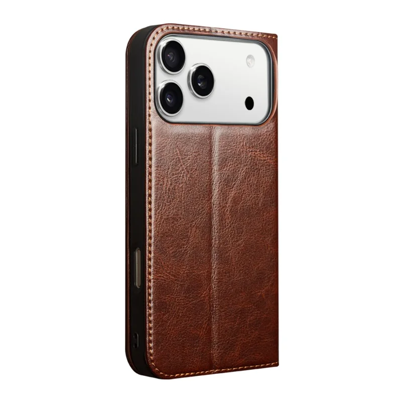 QIALINO for iPhone 18 Pro Max / 17 Pro Max Wallet Case Genuine Cow Leather Phone Cover Card Holder Stand - Brown