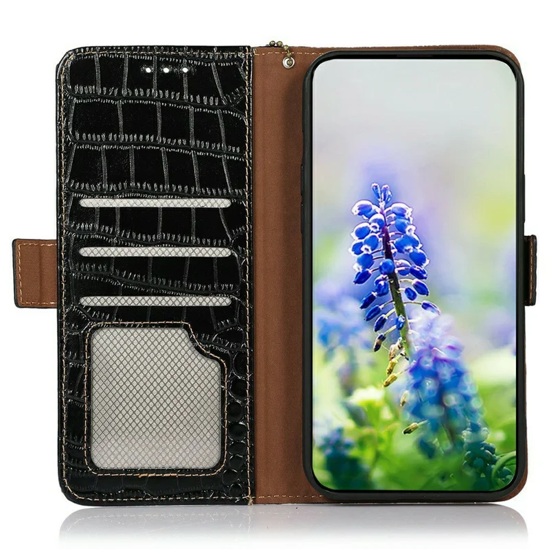 For Oppo A7 Pro Max 5G Case RFID Blocking Wallet Crocodile Texture Genuine Cow Leather Phone Cover - Black