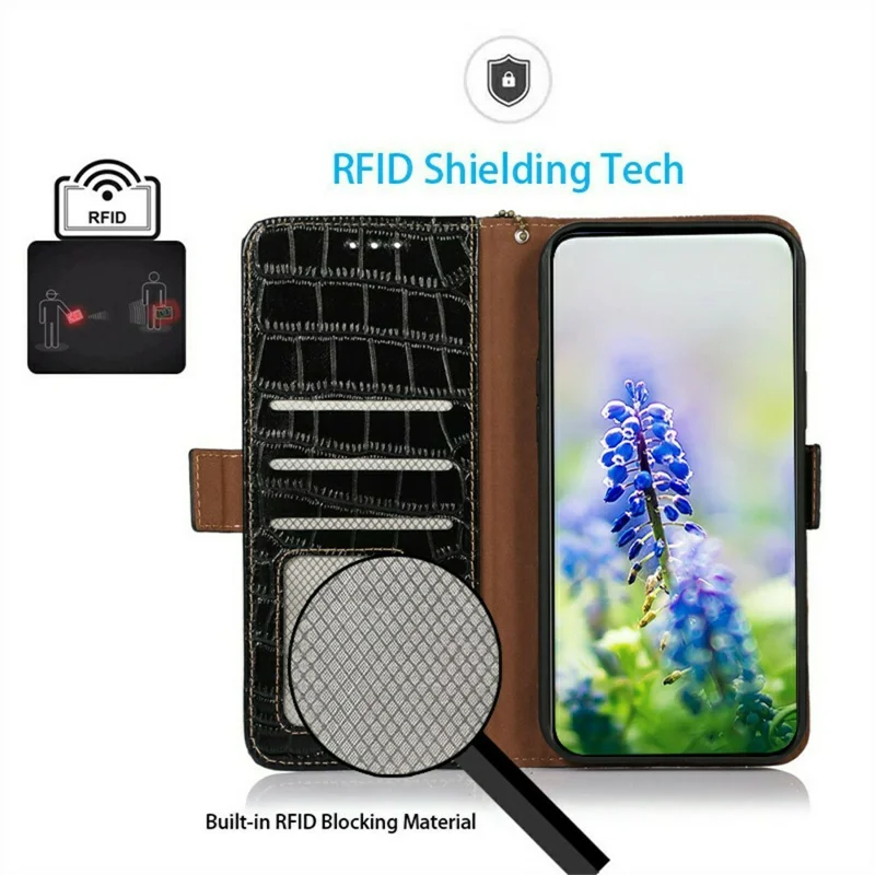 For Oppo A7 Pro Max 5G Case RFID Blocking Wallet Crocodile Texture Genuine Cow Leather Phone Cover - Black