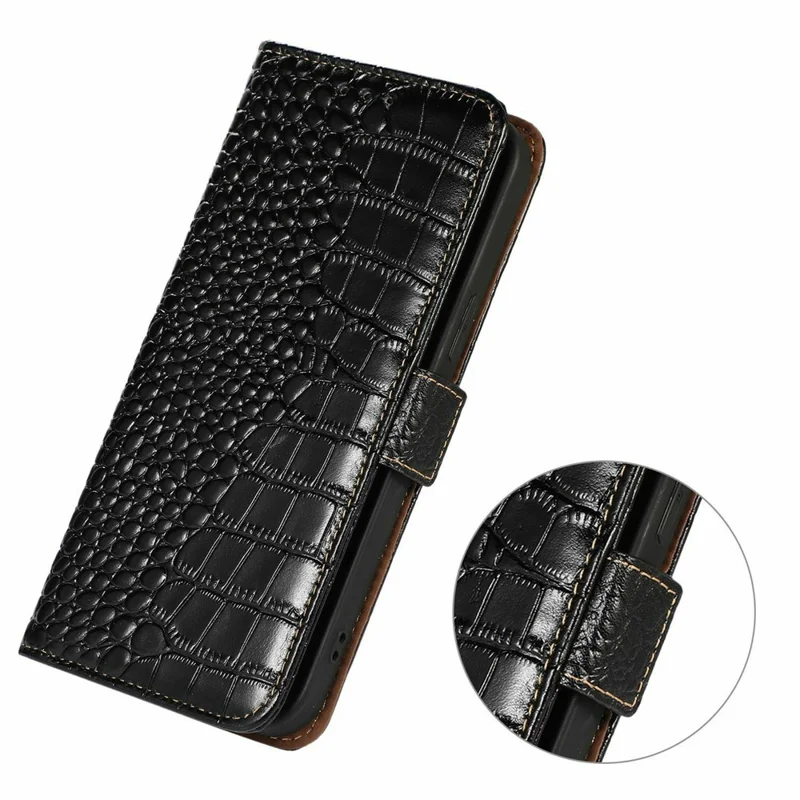 For Oppo A7 Pro Max 5G Case RFID Blocking Wallet Crocodile Texture Genuine Cow Leather Phone Cover - Black