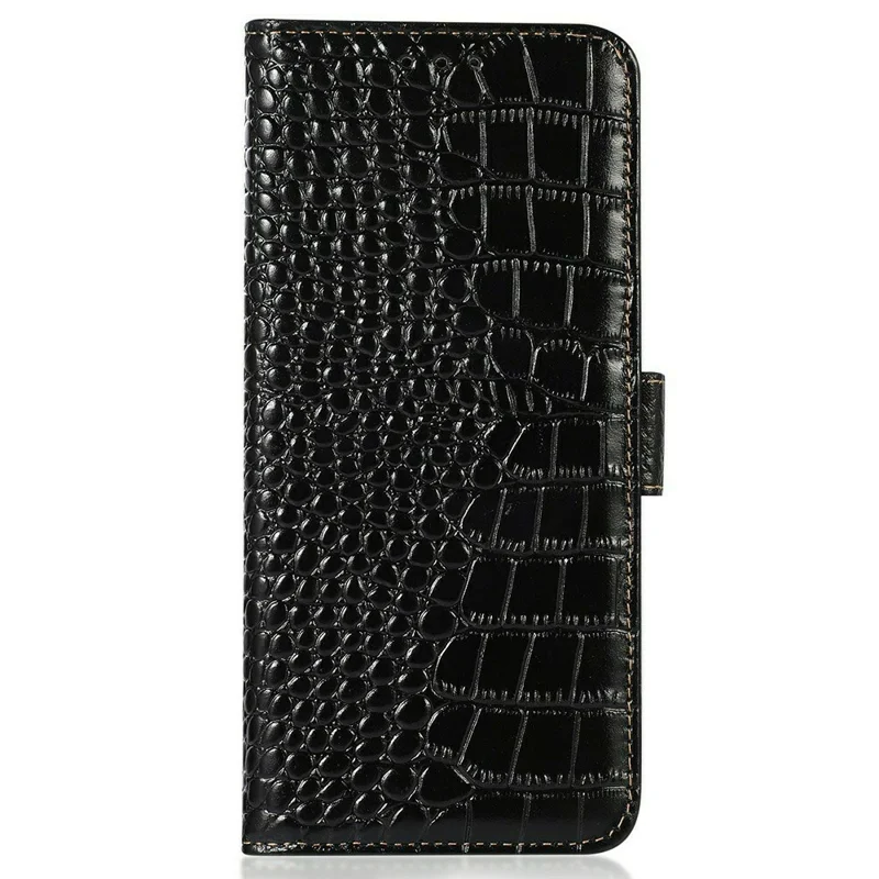 For Oppo A7 Pro Max 5G Case RFID Blocking Wallet Crocodile Texture Genuine Cow Leather Phone Cover - Black