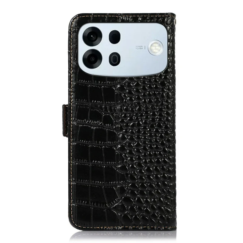 For Oppo A7 Pro Max 5G Case RFID Blocking Wallet Crocodile Texture Genuine Cow Leather Phone Cover - Black
