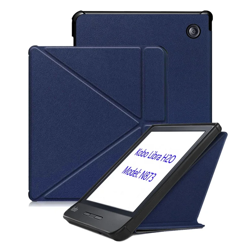 For Kobo Libra H2O Case Origami Stand PU Leather TPU Inner E-Reader Cover - Dark Blue