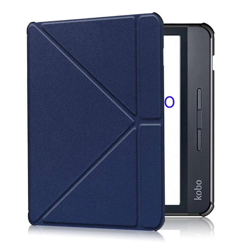 For Kobo Libra H2O Case Origami Stand PU Leather TPU Inner E-Reader Cover - Dark Blue