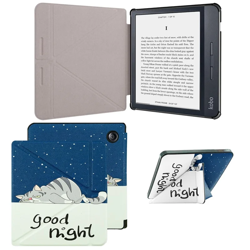 For Kobo Libra H2O E-Reader Cover Pattern Print PU Leather Stand Flip Case - Lazy Cat