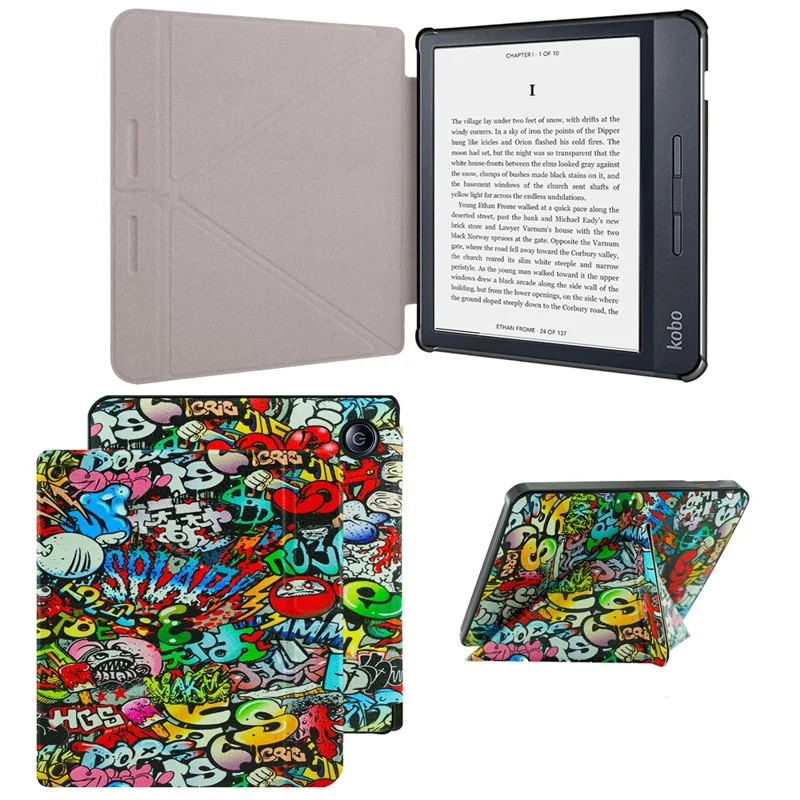For Kobo Libra H2O E-Reader Cover Pattern Print PU Leather Stand Flip Case - Graffiti
