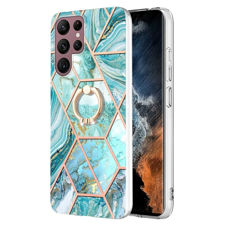 For Samsung Galaxy S23 Ultra Back Cover with Ring Kickstand Splicing Marble Pattern TPU Case - Blue