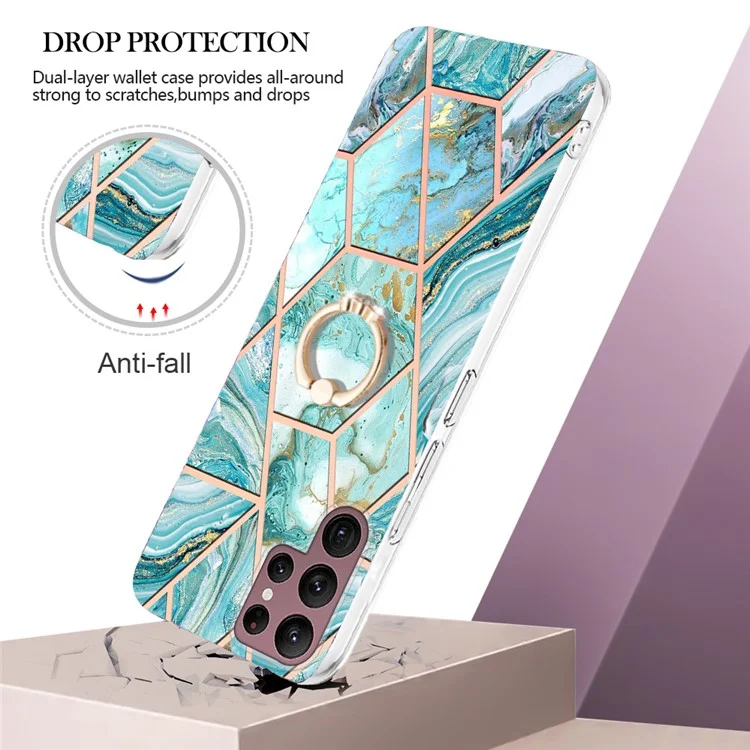 For Samsung Galaxy S23 Ultra Back Cover with Ring Kickstand Splicing Marble Pattern TPU Case - Blue