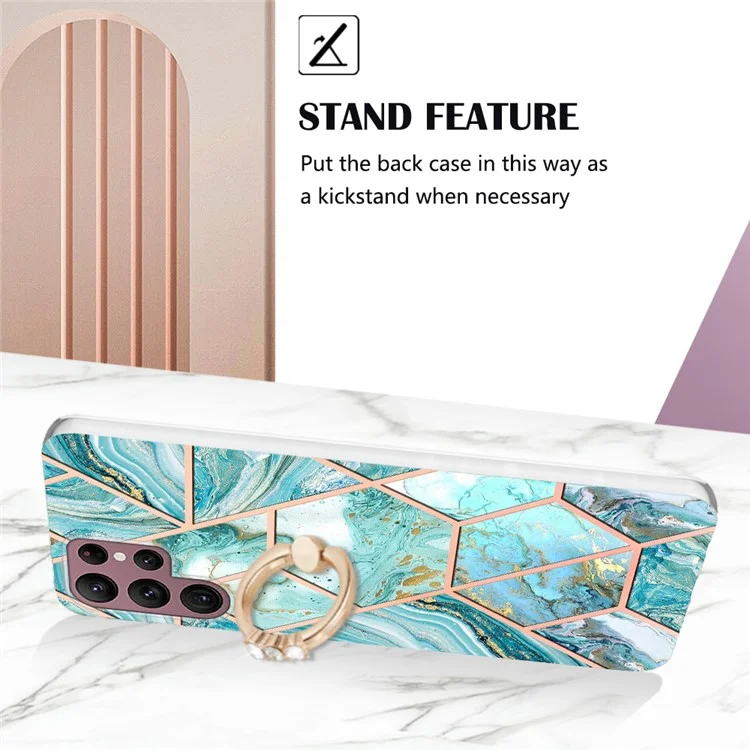 For Samsung Galaxy S23 Ultra Back Cover with Ring Kickstand Splicing Marble Pattern TPU Case - Blue