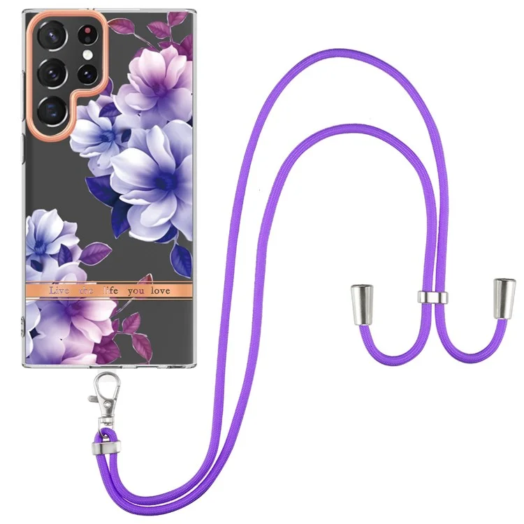 YB IMD-11 Serie für Samsung Galaxy S23 Ultra Blumenmuster IMD IML TPU-Handyhülle Elektrovergoldung stoßfeste Rückseite mit Schlaufe - HC004 Purple Begonie