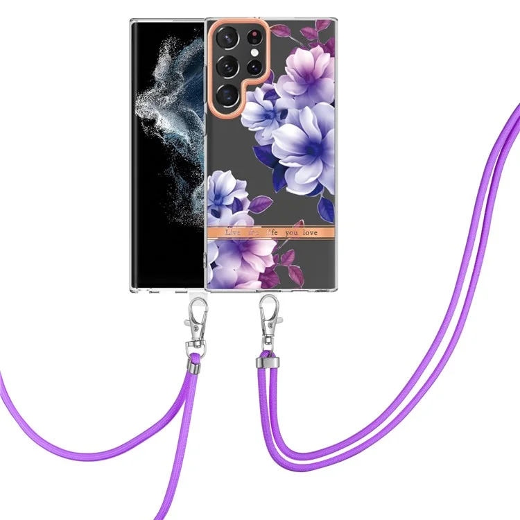 YB IMD-11 Serie für Samsung Galaxy S23 Ultra Blumenmuster IMD IML TPU-Handyhülle Elektrovergoldung stoßfeste Rückseite mit Schlaufe - HC004 Purple Begonie