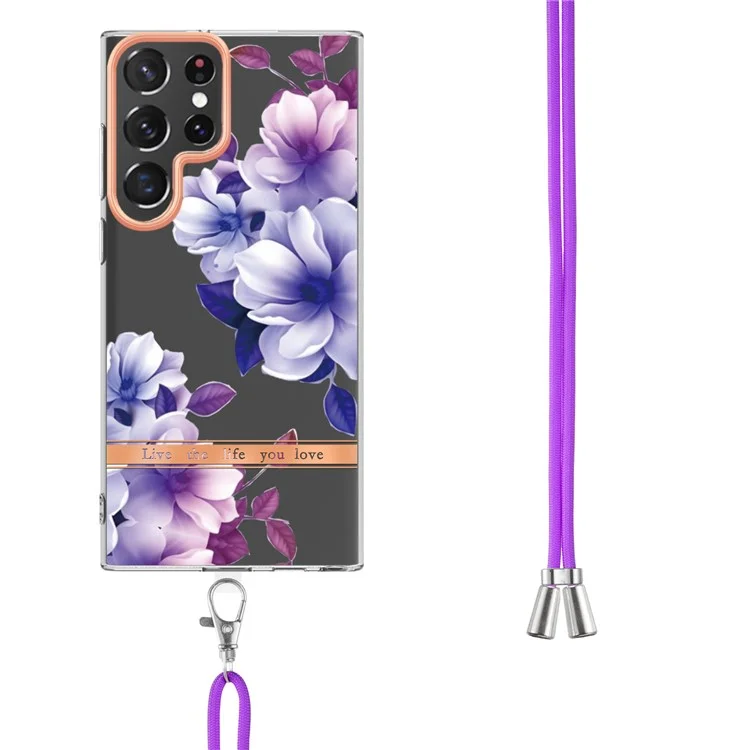 YB IMD-11 Serie für Samsung Galaxy S23 Ultra Blumenmuster IMD IML TPU-Handyhülle Elektrovergoldung stoßfeste Rückseite mit Schlaufe - HC004 Purple Begonie