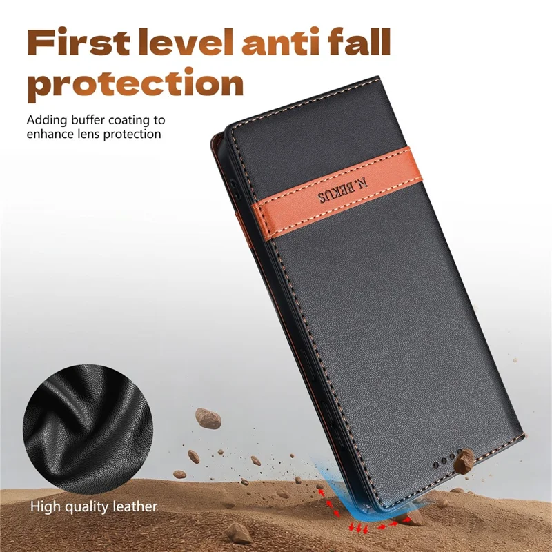 N.BEKUS P5 Series for Google Pixel 10a Leather Case Dual Color Stitching RFID Blocking Wallet Phone Cover - Black