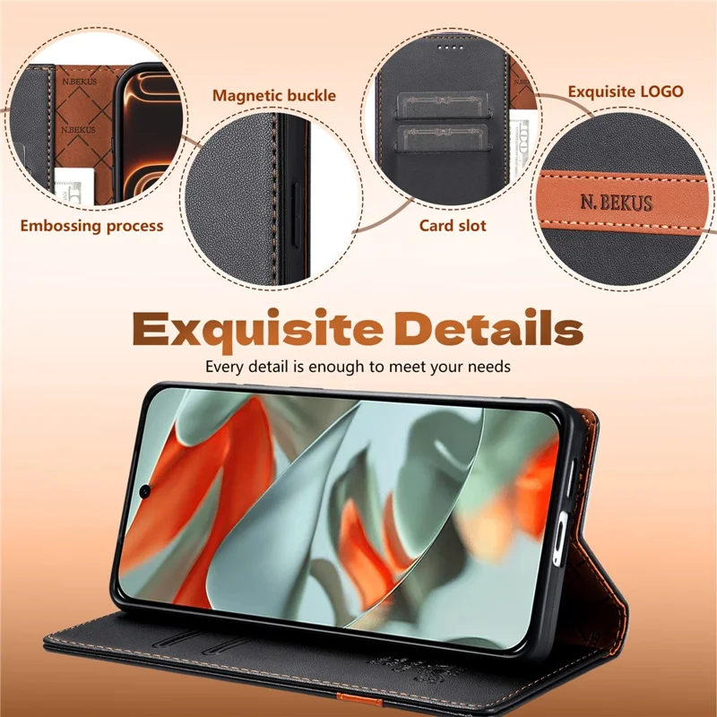N.BEKUS P5 Series for Google Pixel 10a Leather Case Dual Color Stitching RFID Blocking Wallet Phone Cover - Black