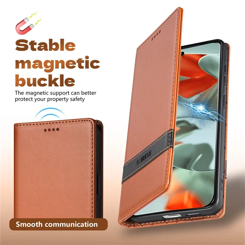 N.BEKUS P5 Series for Google Pixel 10a Leather Case Dual Color Stitching RFID Blocking Wallet Phone Cover - Brown