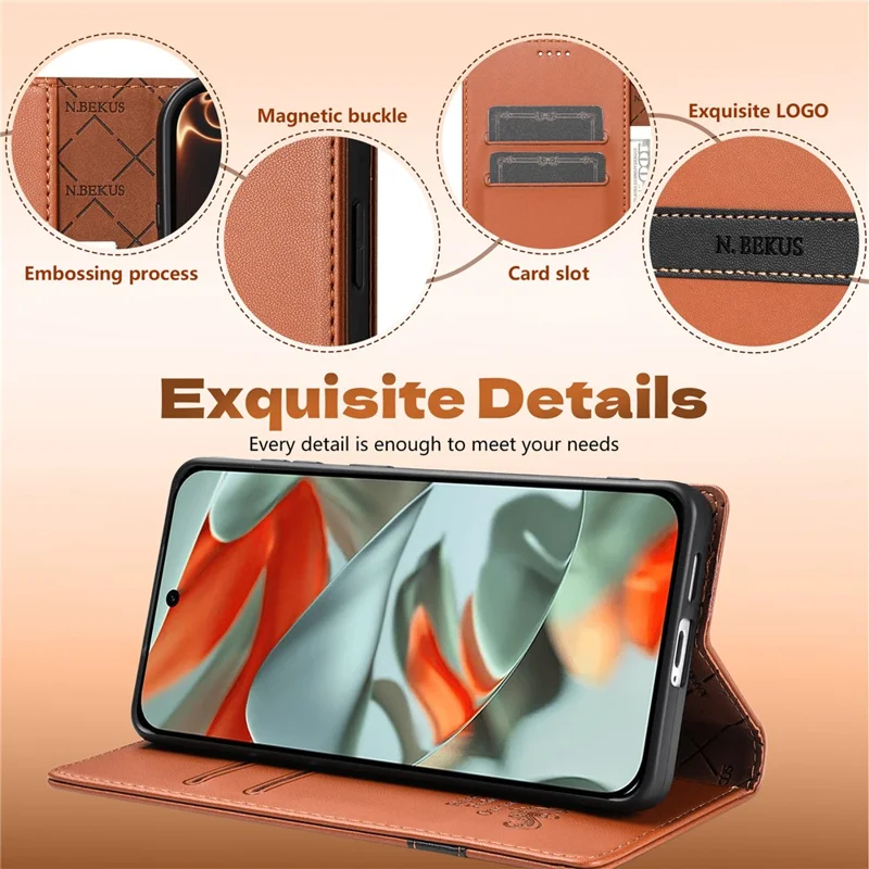 N.BEKUS P5 Series for Google Pixel 10a Leather Case Dual Color Stitching RFID Blocking Wallet Phone Cover - Brown