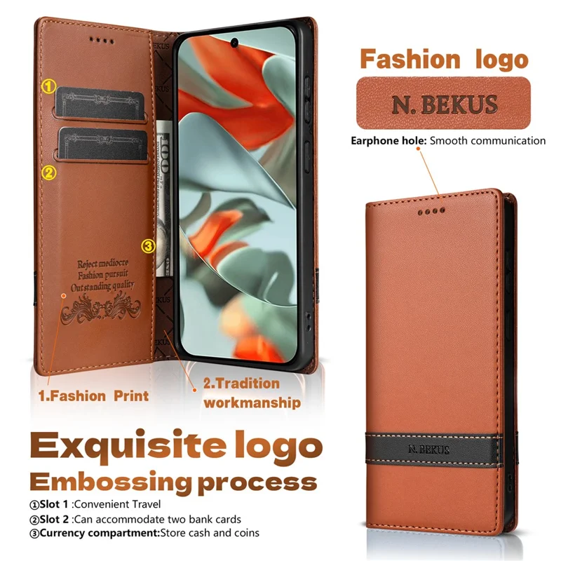 N.BEKUS P5 Series for Google Pixel 10a Leather Case Dual Color Stitching RFID Blocking Wallet Phone Cover - Brown