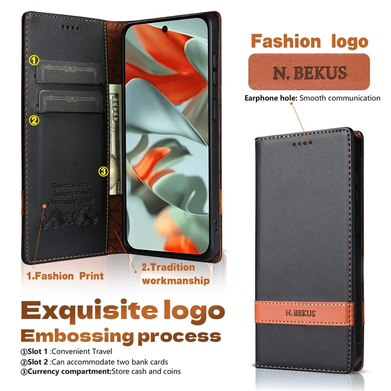 N.BEKUS P5 Series for Google Pixel 10  /  Pixel 10 Pro Leather Case Dual Color Stitching RFID Blocking Wallet Phone Cover - Black