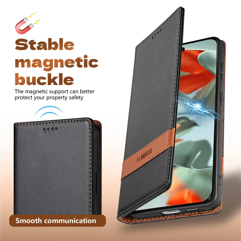 N.BEKUS P5 Series for Google Pixel 10  /  Pixel 10 Pro Leather Case Dual Color Stitching RFID Blocking Wallet Phone Cover - Black