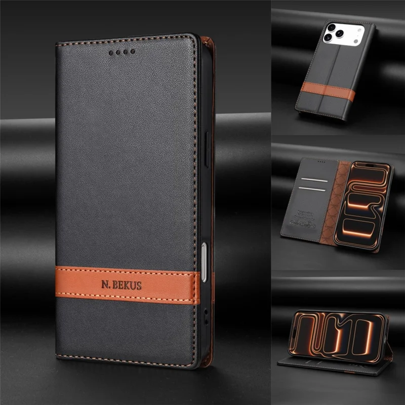 N.BEKUS P5 Series for iPhone 18 Pro Max  /  17 Pro Max Leather Case Dual Color Stitching RFID Blocking Wallet Phone Cover - Black