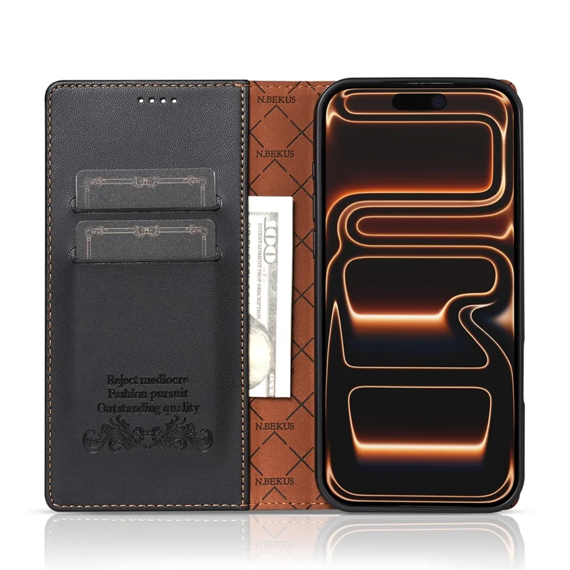 N.BEKUS P5 Series for iPhone 18 Pro Max  /  17 Pro Max Leather Case Dual Color Stitching RFID Blocking Wallet Phone Cover - Black
