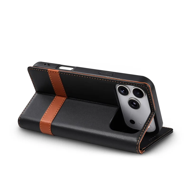N.BEKUS P5 Series for iPhone 18 Pro Max  /  17 Pro Max Leather Case Dual Color Stitching RFID Blocking Wallet Phone Cover - Black