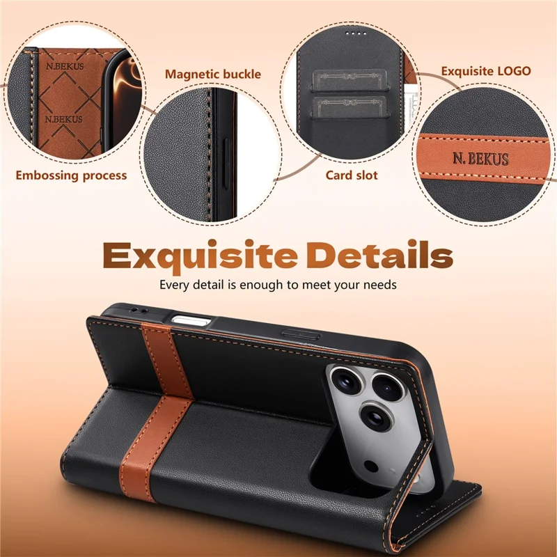N.BEKUS P5 Series for iPhone 18 Pro Max  /  17 Pro Max Leather Case Dual Color Stitching RFID Blocking Wallet Phone Cover - Black