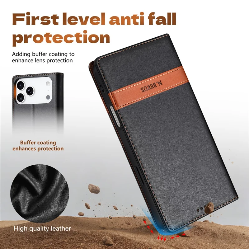 N.BEKUS P5 Series for iPhone 18 Pro Max  /  17 Pro Max Leather Case Dual Color Stitching RFID Blocking Wallet Phone Cover - Black