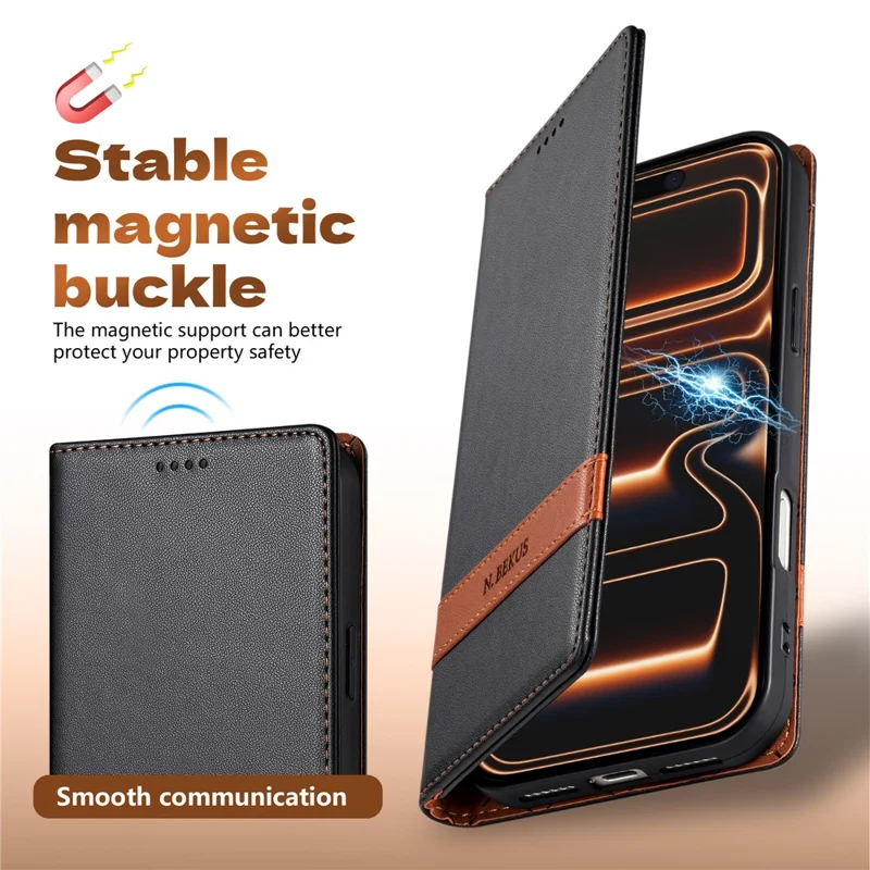 N.BEKUS P5 Series for iPhone 18 Pro Max  /  17 Pro Max Leather Case Dual Color Stitching RFID Blocking Wallet Phone Cover - Black