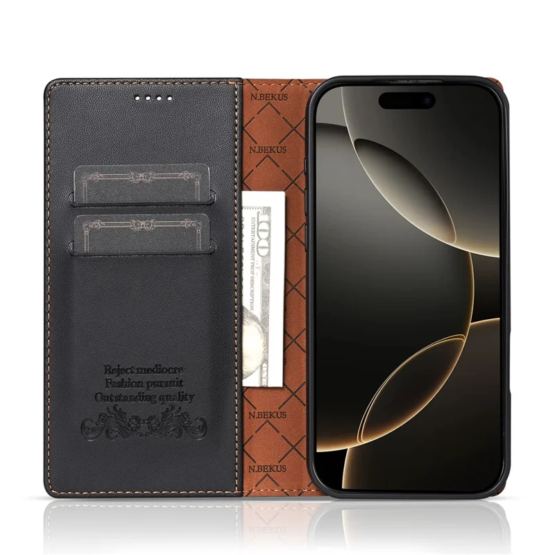 N.BEKUS P5 Series for iPhone 17 Leather Case Dual Color Stitching RFID Blocking Wallet Phone Cover - Black
