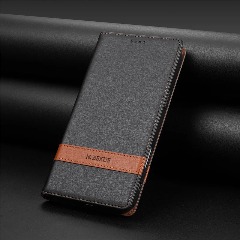 N.BEKUS P5 Series for iPhone 17 Leather Case Dual Color Stitching RFID Blocking Wallet Phone Cover - Black