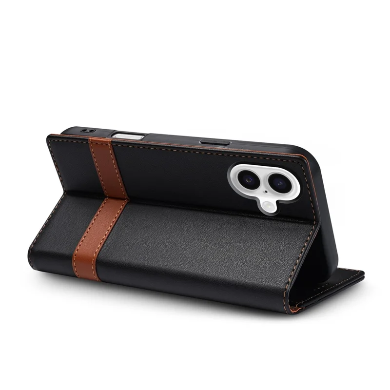 N.BEKUS P5 Series for iPhone 16 Leather Case Dual Color Stitching RFID Blocking Wallet Phone Cover - Black