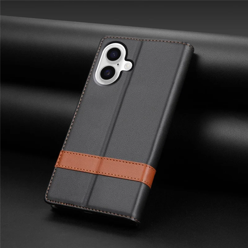 N.BEKUS P5 Series for iPhone 16 Leather Case Dual Color Stitching RFID Blocking Wallet Phone Cover - Black