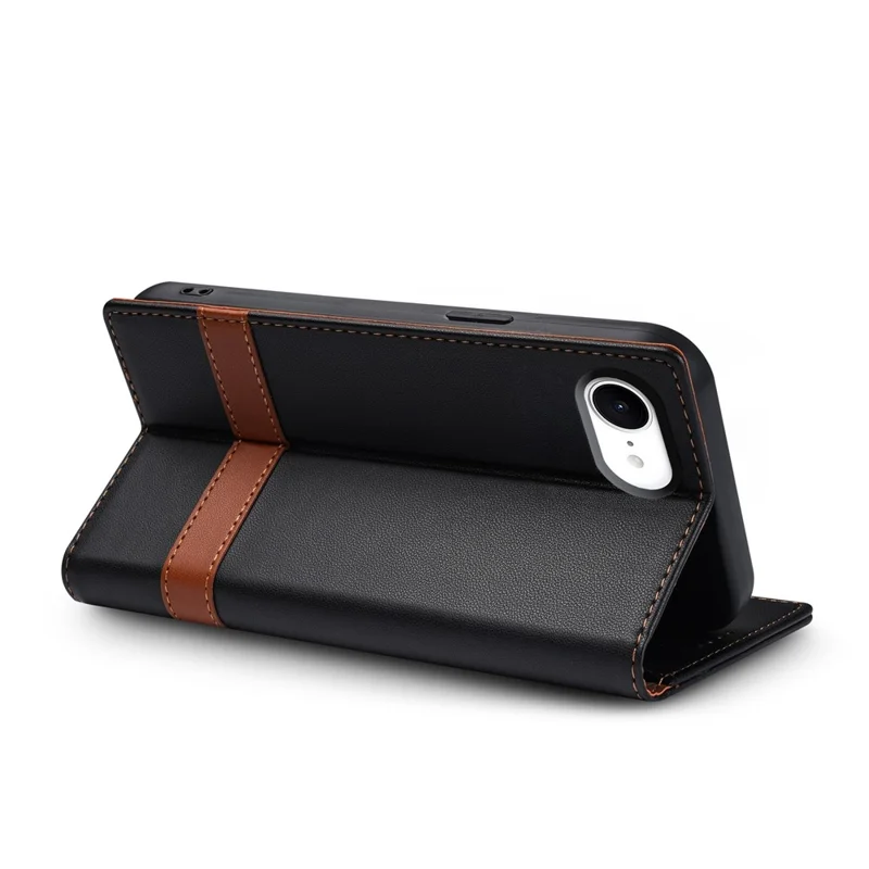 N.BEKUS P5 Series for iPhone 17e  /  16e Leather Case Dual Color Stitching RFID Blocking Wallet Phone Cover - Black