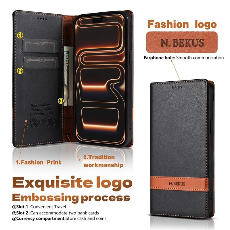 N.BEKUS P5 Series for iPhone 15 Pro Leather Case Dual Color Stitching RFID Blocking Wallet Phone Cover - Black
