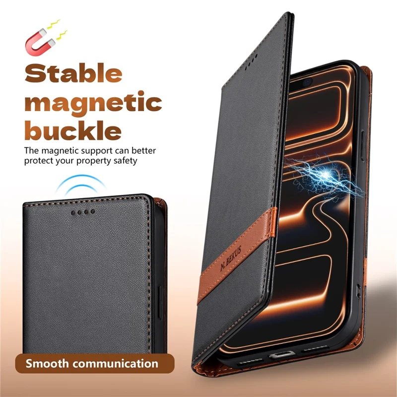 N.BEKUS P5 Series for iPhone 15 Pro Leather Case Dual Color Stitching RFID Blocking Wallet Phone Cover - Black