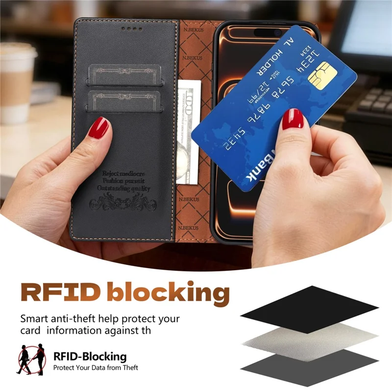 N.BEKUS P5 Series for iPhone 16 Pro Leather Case Dual Color Stitching RFID Blocking Wallet Phone Cover - Black
